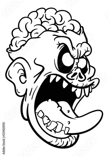 Cartoon funny green zombie character design with scary face expression. Halloween vector illustration isolated on white. Party poster or package design