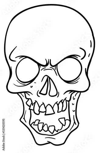 Cartoon skull with crossed bones. Grim reaper character. Halloween skeleton design for party invitation, poster, logo or icon. Vector skull face illustration