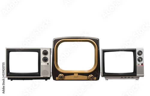 Three old vintage televisions with cut out screens isolated.