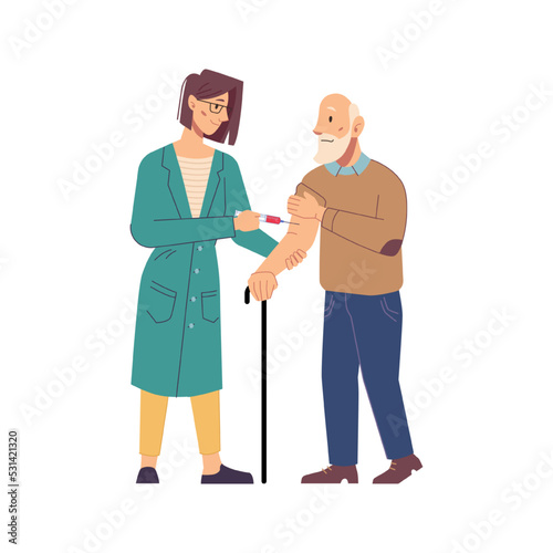 Doctor injecting vaccine to senior man patient in clinic or hospital. Isolated doc and pensioner, vaccination and healthcare. Vector in flat cartoon style