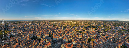 The drone panoramic view of Montpellier, France. Montpellier is a city in southern France near the Mediterranean Sea. One of the largest urban centres in the region of Occitania.