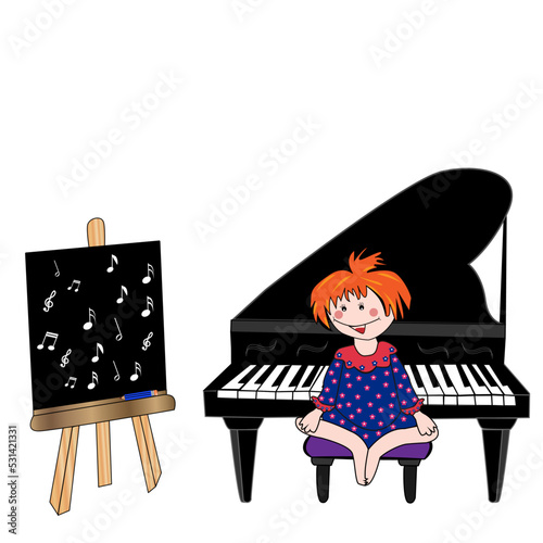 Niña sentada con piano de cola y pizarra con notas musicales.