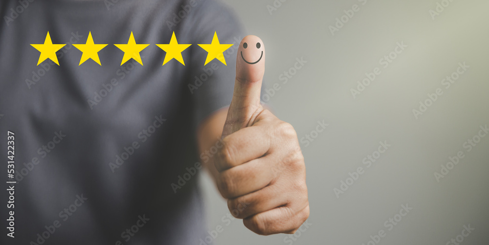 Hand with thumb up positive emotion smiley face icon and 5 star with ...