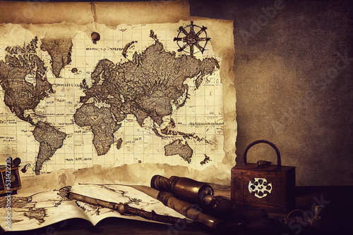Columbus Day concept. Vintage compass and pirates treasure manuscript with copy space background