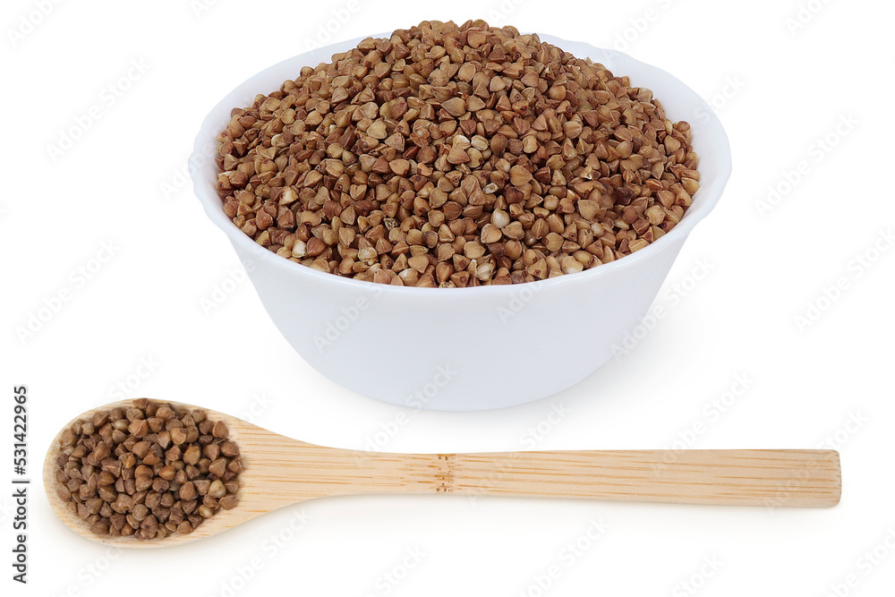 Buckwheat collection - in a wooden spoon and a white bowl on an isolated white background. Buckwheat collection - in a wooden spoon and a white bowl on an isolated white background.