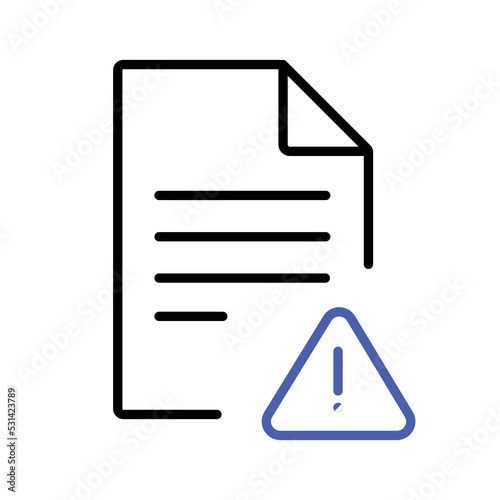 Black linear document with warning sign. Document info about problem file vector icons.