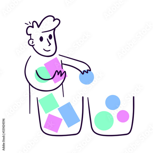Man with geometric shapes lays out and sorts circle and square.