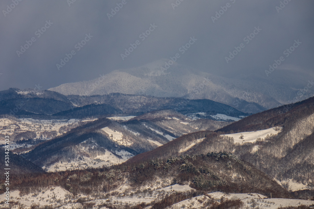 Winter landscape with forested hills from Maramures. (Transylvania, Romania)

