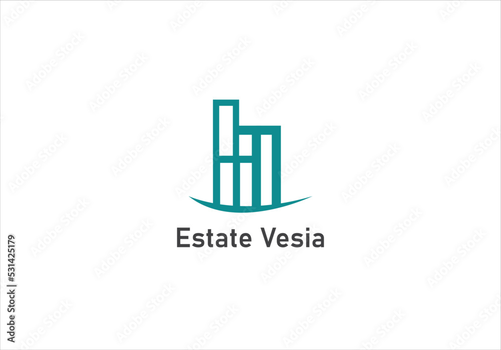 Vector logo on which an abstract image of a tall skyscraper in a linear style.