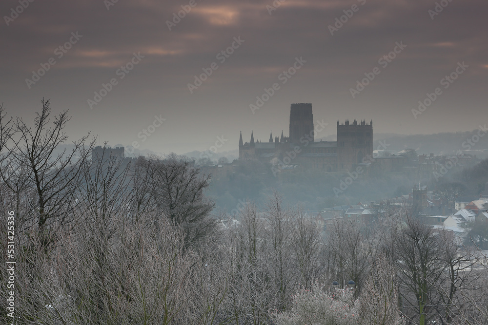 Durham Cathereal and Castle on a misty winter morning. England UK.