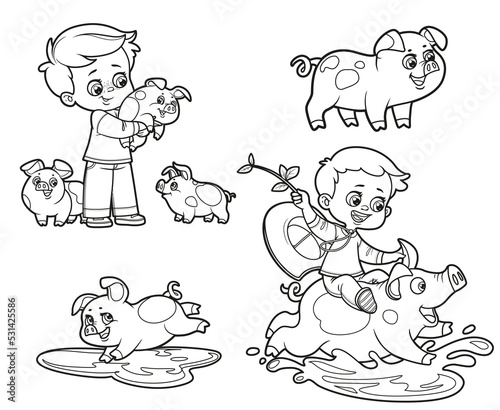 Cute cartoon boys play with pigs and pigs separately outlined for coloring page