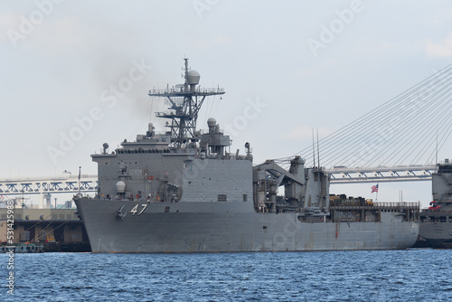 United States Navy USS Rushmore (LSD-47), Whidbey Island-class dock landing ship anchored at Yokohama Port in Japan.