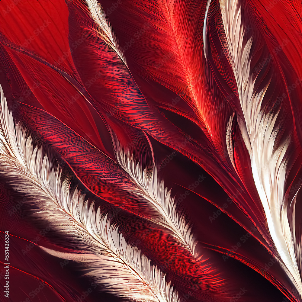 Fototapeta premium Red feathers background with texture. Created with generative ai technology