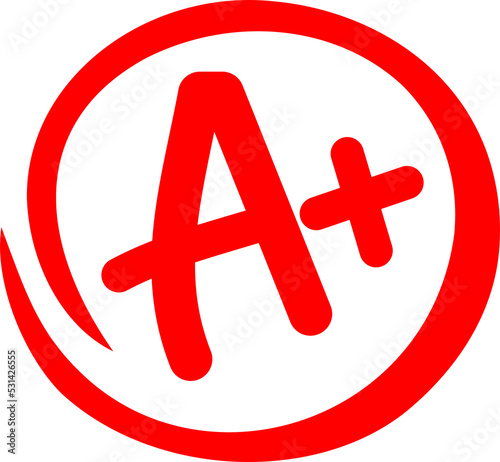 Hand drawn style illustration of a circled red A+ grade isolated on transparent background
