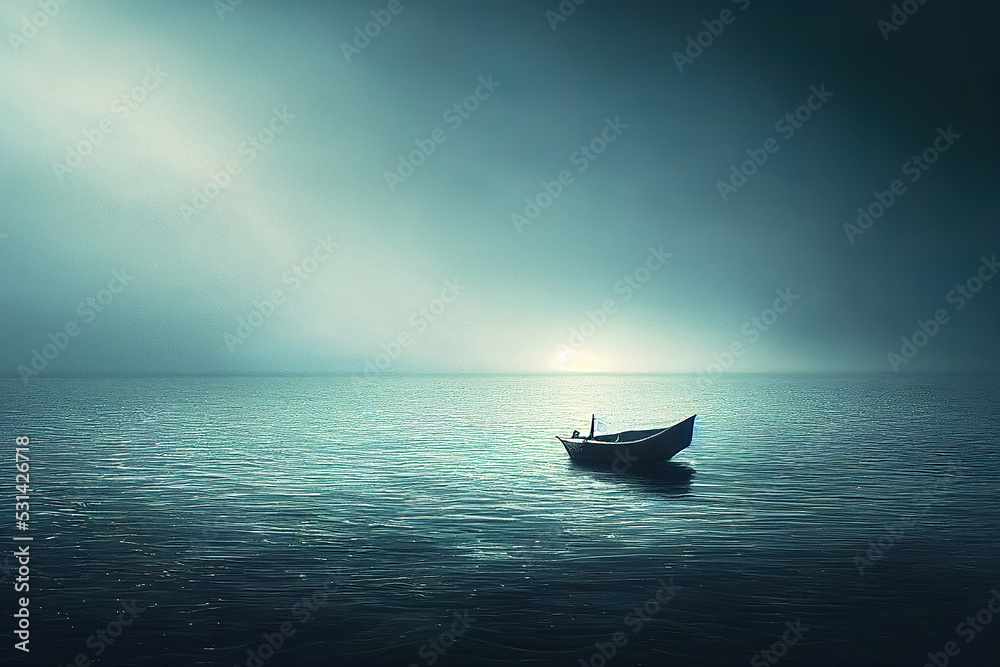 Lonely boat open sea, peaceful nature background, digital illustration, digital painting, cg artwork, realistic illustration, 3d render