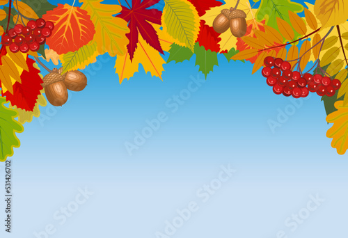 Frame with a pattern at the top of autumn leaves on a blue sky background. Vector clip art. All parts are editable