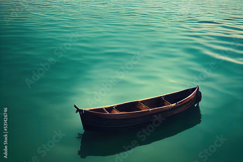 Lonely boat open sea, peaceful nature background, digital illustration, digital painting, cg artwork, realistic illustration, 3d render