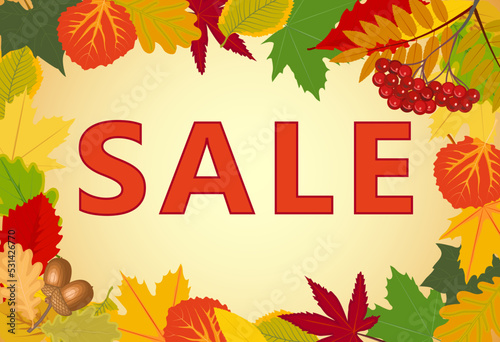 Text for sale in a frame of autumn leaves. Vector clip art. All parts are editable