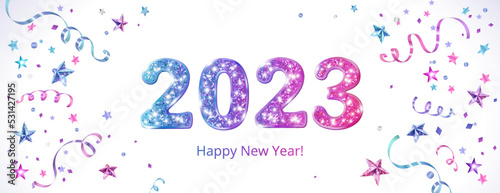 2023 glitter numbers. Blue to pink gradient. Happy new year banner. Background with colorful confetti. Flying ribbons and stars. Vector decoration. For Christmas and holiday headers, party posters.
