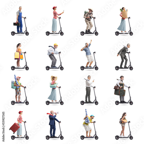 Set of diverse people riding electric scooters
