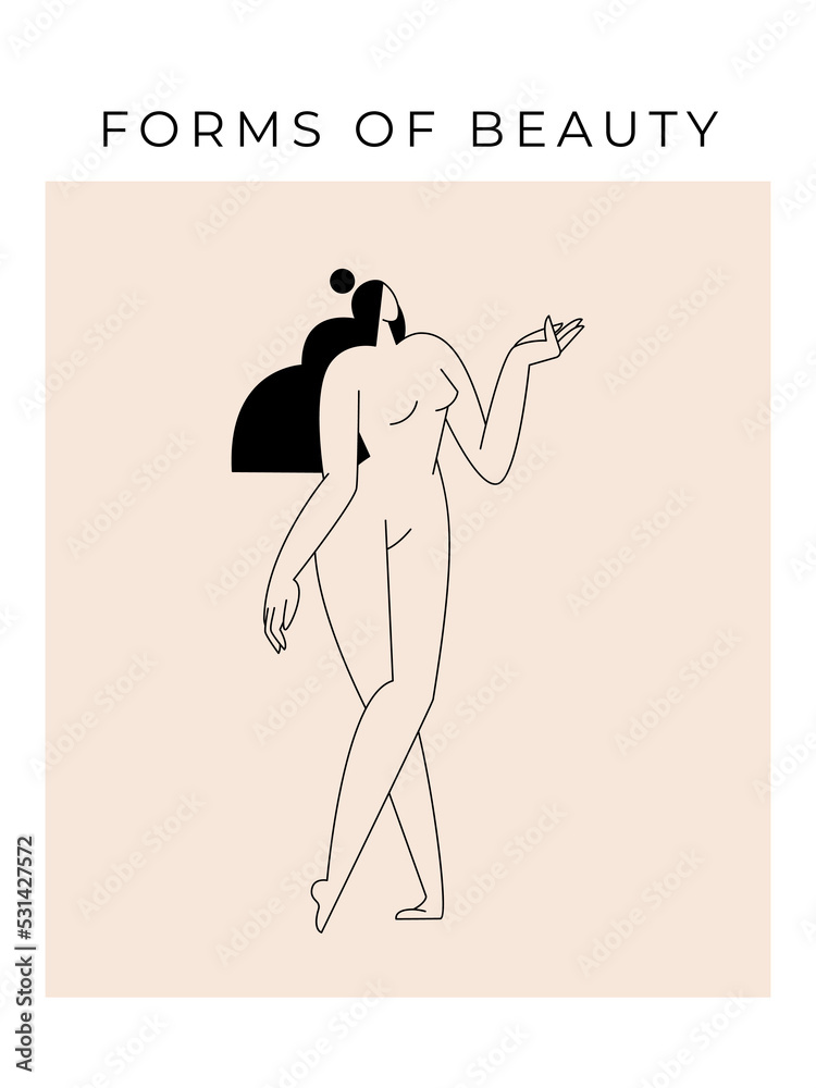 Modern minimalist poster. Nude woman silhouette, abstract pose, female body, feminine figure graphic. Contemporary beauty, Femininity aesthetic concept for wall art decor, prints. Vector illustration