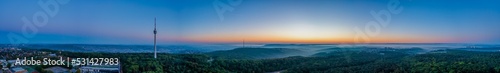 Morning Twilight Panorama of Stuttgart, Germany, Stuttgart skyline, aerial photo view with tv tower, town architecture, foggy travel photo, banner © Peter Togel