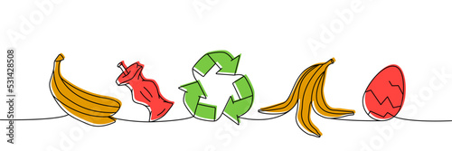 Set of organic trash one line colored continuous drawing. Egg shell, peel of banana, apple stub continuous one line colorful set illustration.