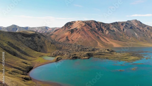 Lake and mountains of Landmannalaugar landscape in summer season, aerial view - Iceland - Europe