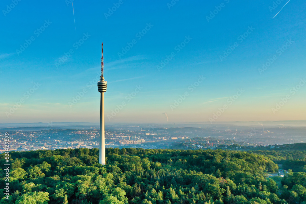 Obraz premium Stuttgart Sunrise, Stuttgart skyline, Aerial view with tv tower, Germany