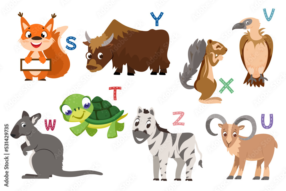 English alphabet with flat cute animals for kids education. Letters with funny animal and bird characters from S to Z. Children design set for learning to spell with cartoon zoo collection.