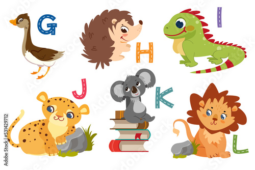 English alphabet with flat cute animals for kids education. Letters with funny animal characters from G to L. Children design set for learning to spell with cartoon zoo collection.