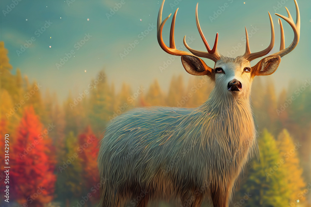 Fototapeta premium White dear in a colorful environment with colored autumn trees atmosphere 