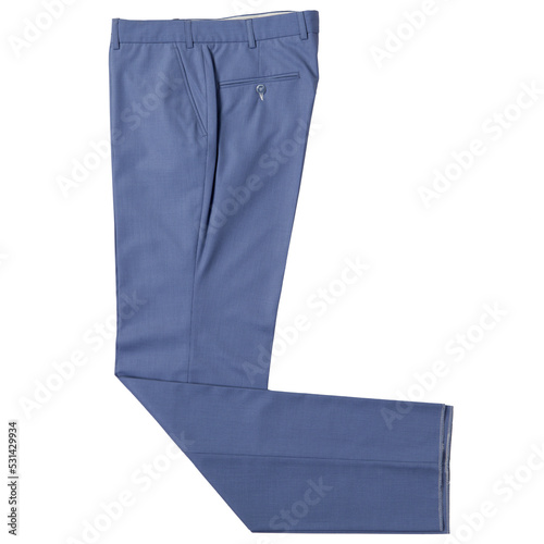 Men's light blue fabric trousers, classic suit, on a white background, flat lay, isolate