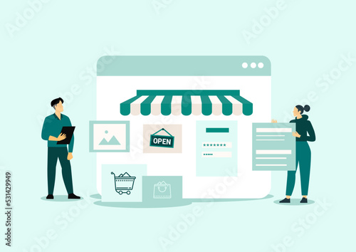 vector illustration design developer and designer team create online shop on websites concept.