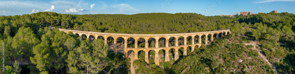 Areal Panorama of Les Ferreres Aqueduct or Pont del Diable - Devil's Bridge. A Roman aqueduct at Tarragona, Catalunya, Spain