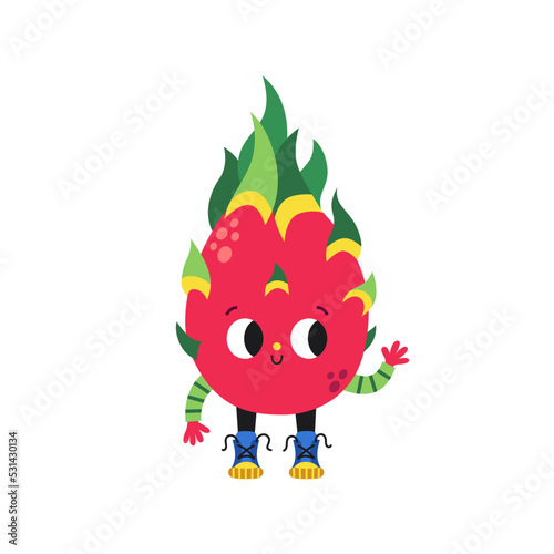 Cute cartoon dragon fruit (pitaya) illustration on a white background.