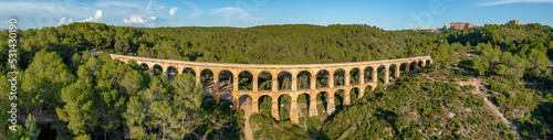 Photo Areal Panorama of Les Ferreres Aqueduct or Pont del Diable - Devil's Bridge