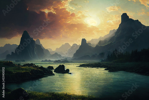 river flowing in the valley, mountains at the background, digital illustration, digital painting, cg artwork, realistic illustration, concept art, video game background, book illustration