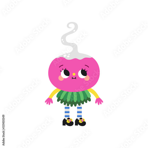Cute cartoon radish in striped stockings illustration on a white background.