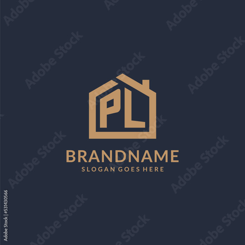 Initial letter PL logo with simple minimalist home shape icon design