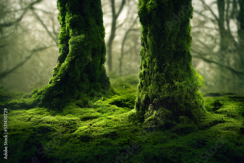 mossy tree trunk in the forest, digital illustration, digital painting, cg artwork, realistic illustration, 3d render