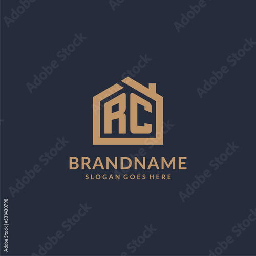 Initial letter RC logo with simple minimalist home shape icon design