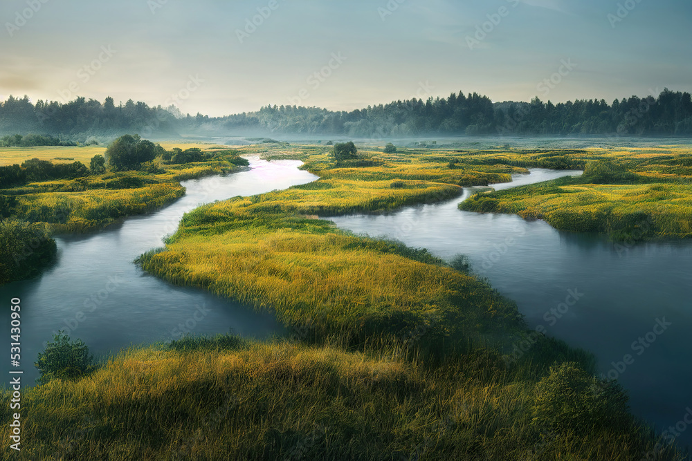 Beautiful calm grassland with a calm blue river, digital illustration, digital painting, cg artwork, realistic illustration, 3d render