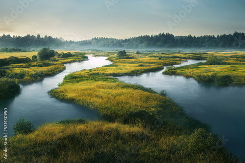 Beautiful calm grassland with a calm blue river, digital illustration, digital painting, cg artwork, realistic illustration, 3d render