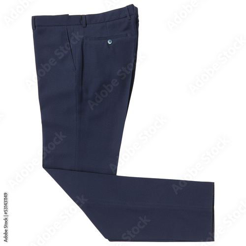Men's blue textured fabric trousers, classic suit, on a white background, flat lay, isolate photo