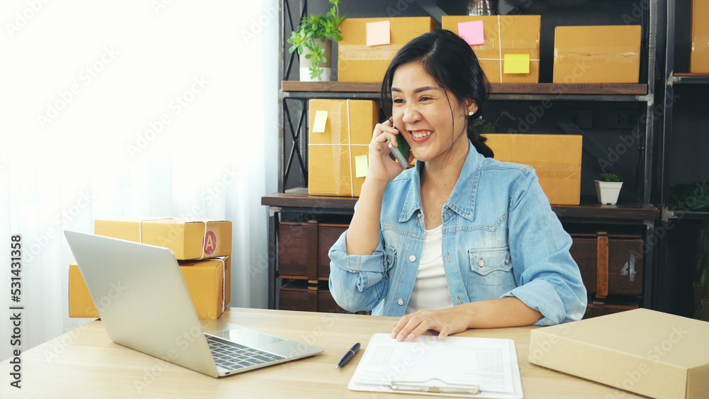 Obraz premium Online seller entrepreneur young asian woman using phone calling, checking online order. Woman calling check goods stock, delivery package shipping. Asian woman startup small business at home office
