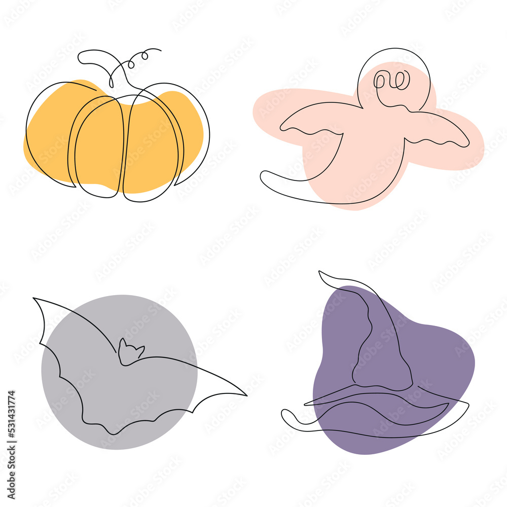Set for postcard or poster for Halloween. One line drawing. Minimalism. Vector illustration.