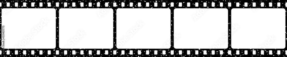 Grunge film strip seamless on white background. Retro scratched camera photo roll. Old filmstrip with perforation, border or frame with place for pictures. Vector illustration