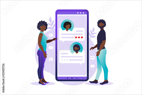 People chatting in the smartphone screen, virtual relationship vector illustration concept. Dating app or chat concept. Vector illustration for online dating app users.