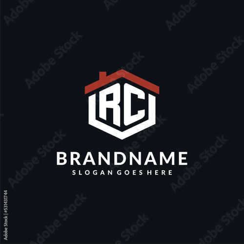 Initial letter RC logo with home roof hexagon shape design ideas